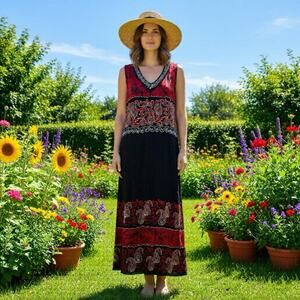 Women Sz 6 Palak Maxi Dress Red Black Embellished Tie Back Size Split Vintage